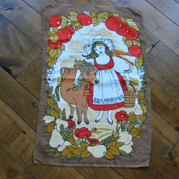 Vintage Linen Kitchen Tea Towel Milk Maid Cow Floral Fruit Orange Red Brown - Picture 1 of 8